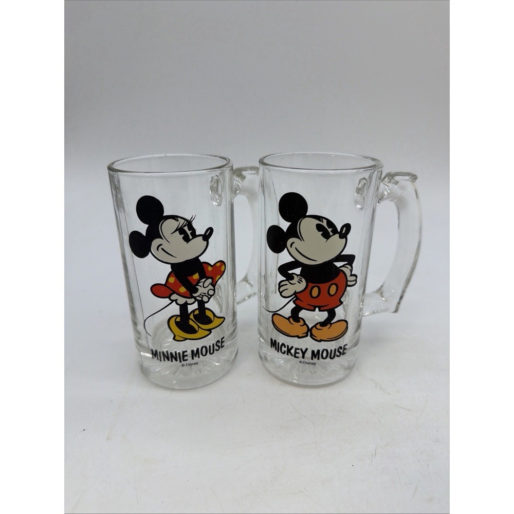 2 Vintage Disney Mickey & Minnie Mouse Glass Beer Mug Steins Diferent  Sets